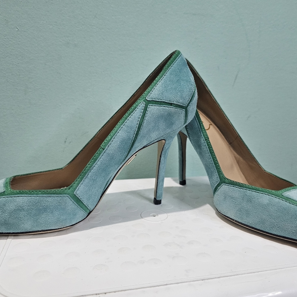 NEW ROGER VIVIER Green Suede Two Tone Leather Pointed Toe Stiletto Heels sz 36 - Picture 7 of 15